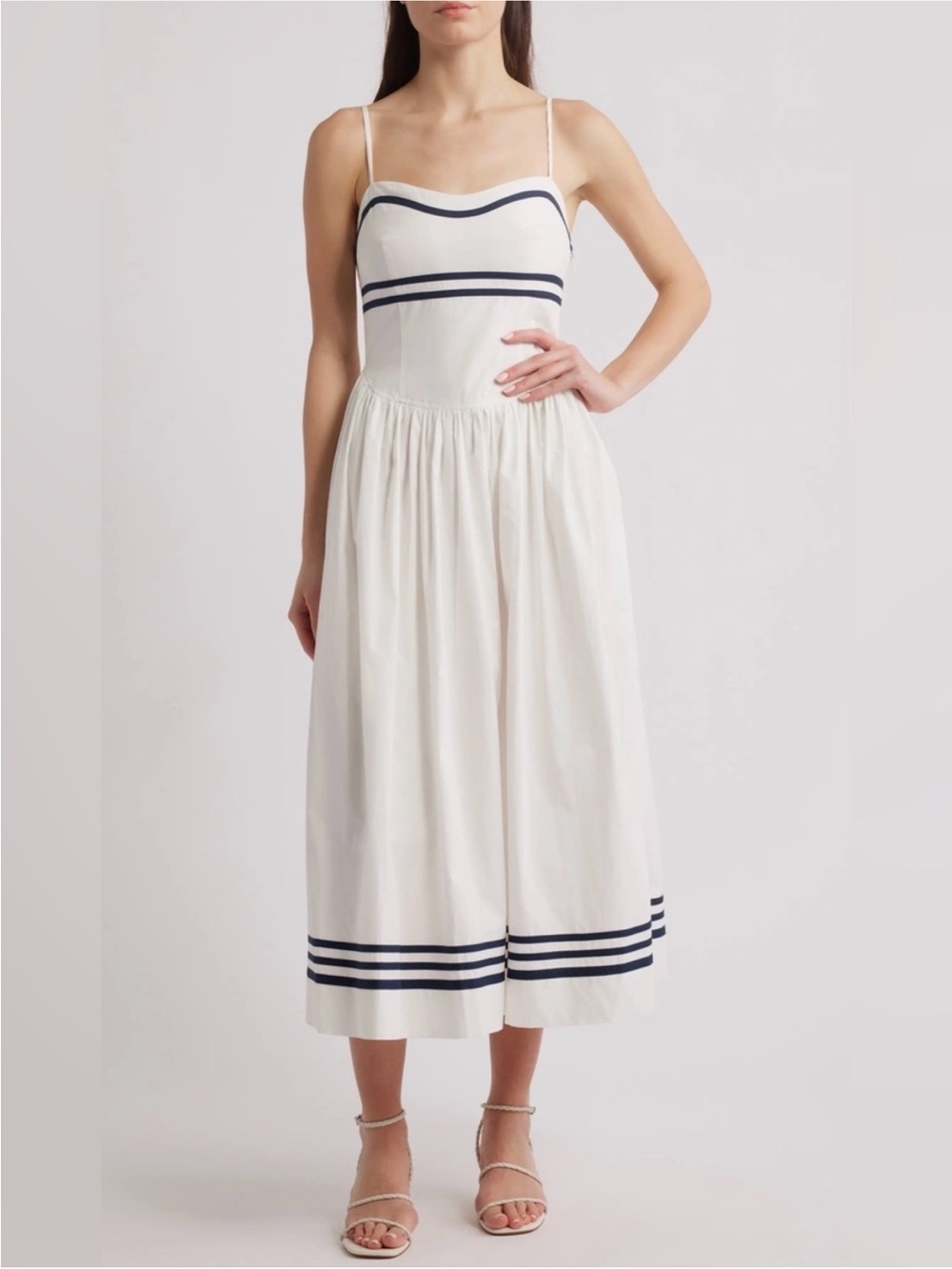 Moon River White Midi Dress with Navy Stripes